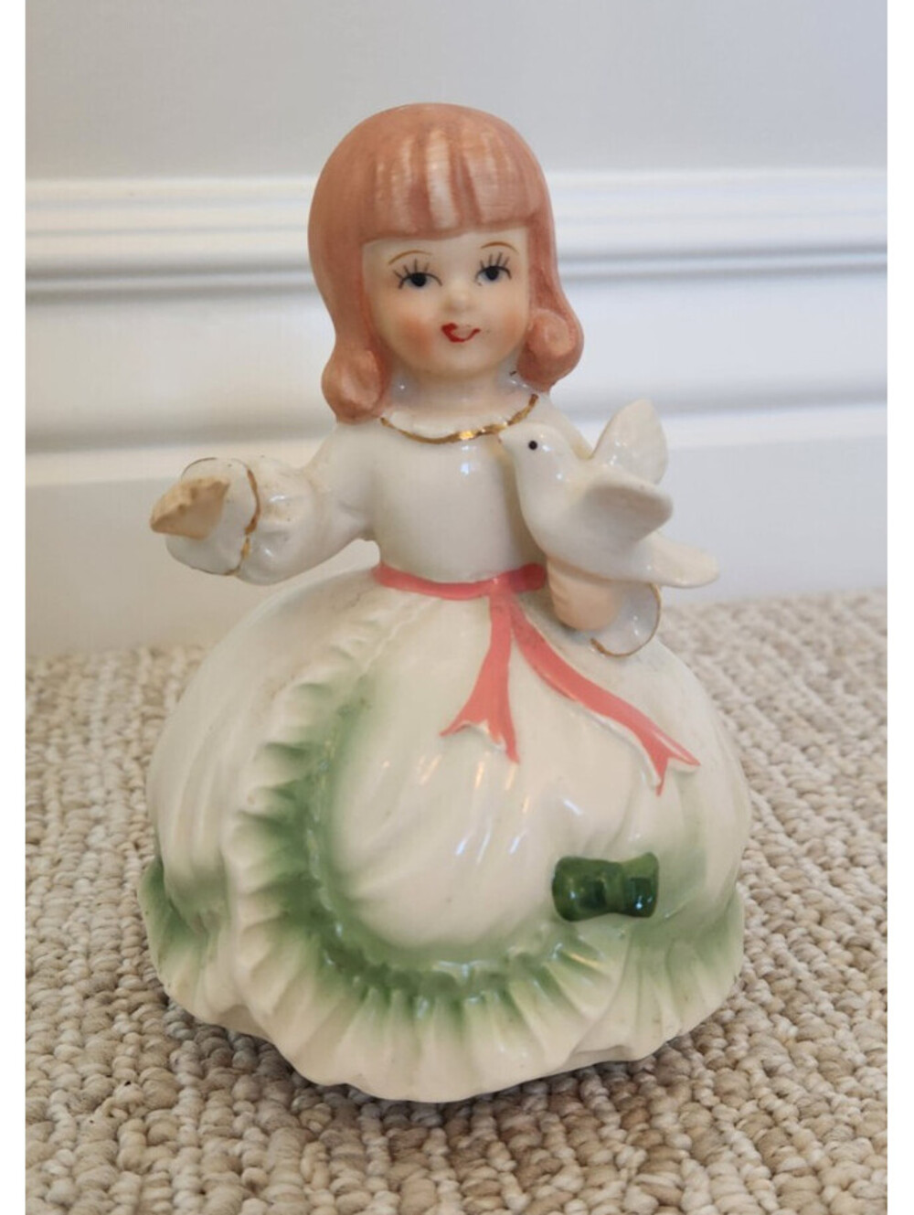 Schmid Girl With Dove Music Box Porcelain Vintage White and Green Dress